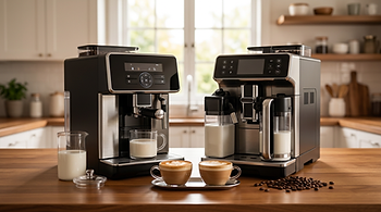 Duas cafeteiras superautomáticas genéricas com sistemas automáticos de leite lado a lado