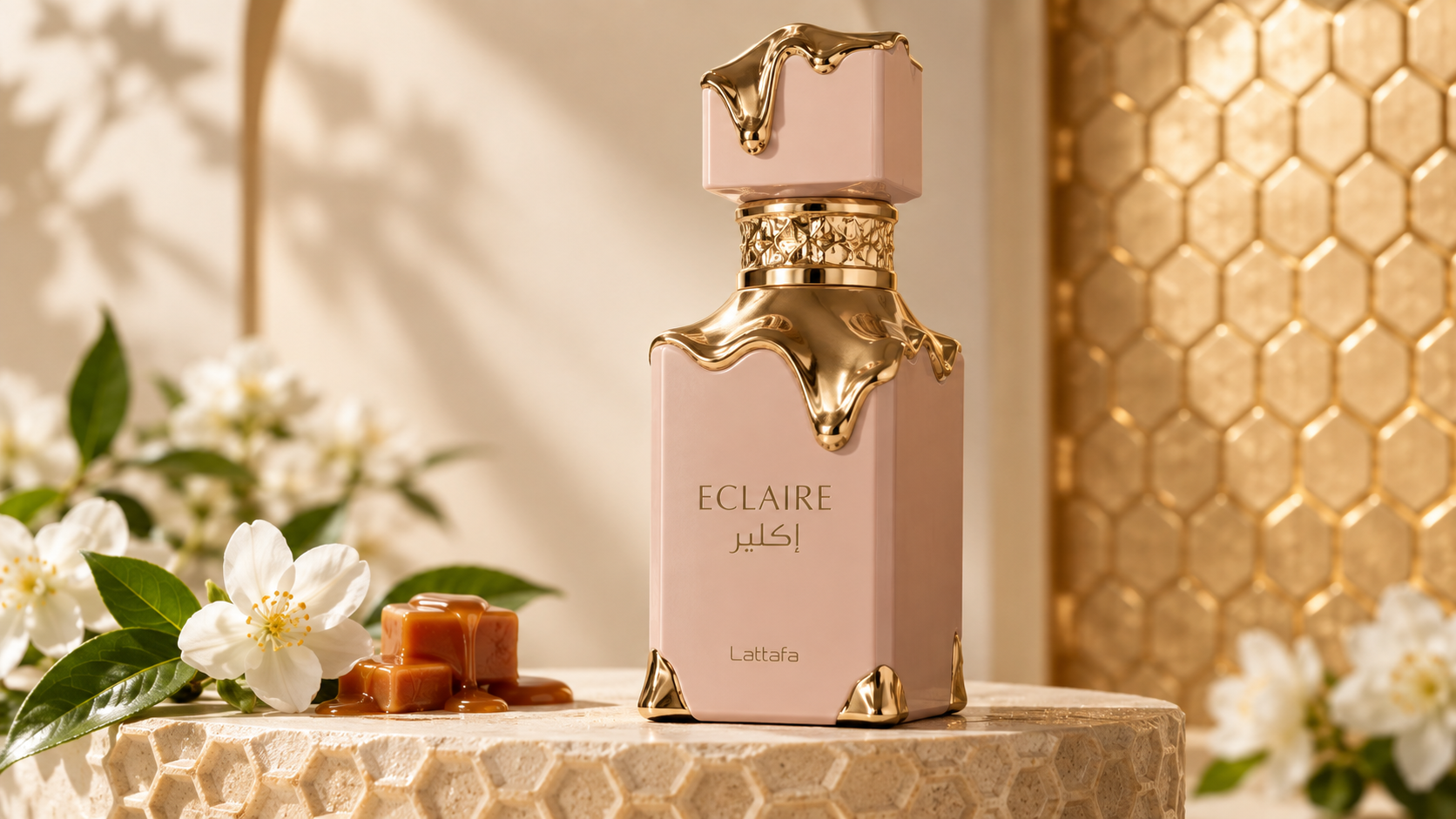 Frasco Lattafa Eclaire 100 ml em composição dourada