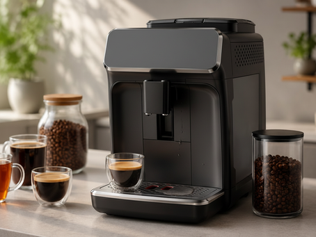Cafeteira automática com água de enxágue na bandeja de pingos