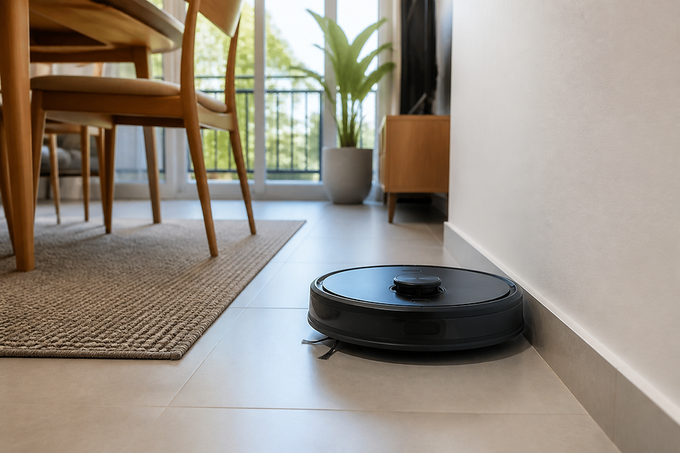 Robô aspirador preto limpando junto ao rodapé em sala com tapete baixo
