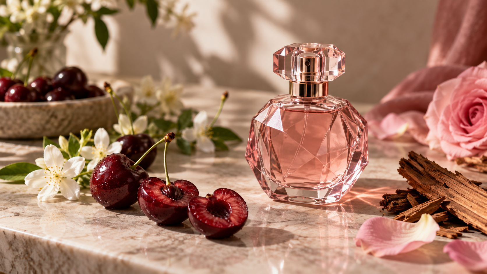 Cerejas, flores e frasco rosa em composição editorial da fragrância
