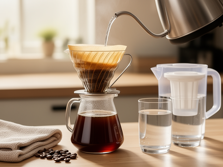 Cafeteira, jarra de água e filtro doméstico em bancada de cozinha