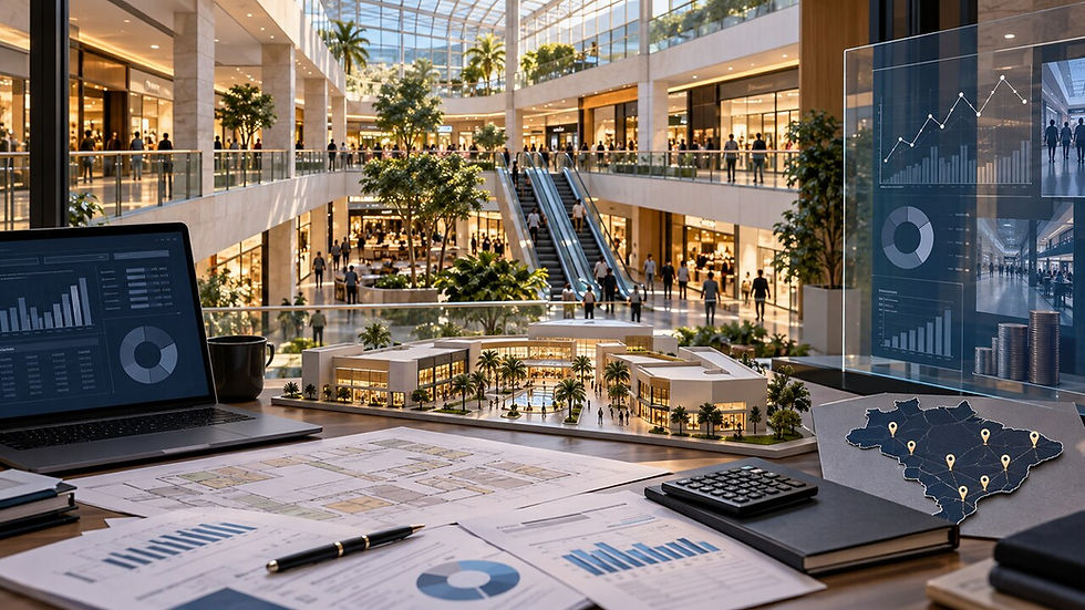 Shopping center moderno com maquete, gráficos financeiros e mapa do Brasil
