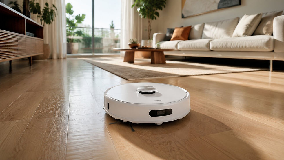 Robô Aspirador Xiaomi S40 Pro em ação em sala bem iluminada. Piso de madeira, sofá bege, mesa de centro e plantas. Ambiente moderno e acolhedor.
