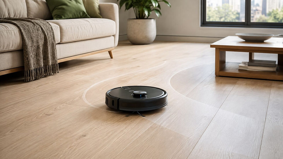 Robô aspirador sem marca fazendo trajeto circular em piso claro de sala