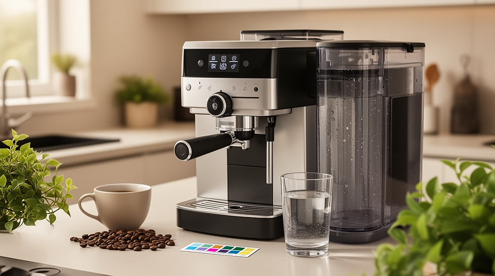 Máquina de café com copo de água e tira de teste de dureza
