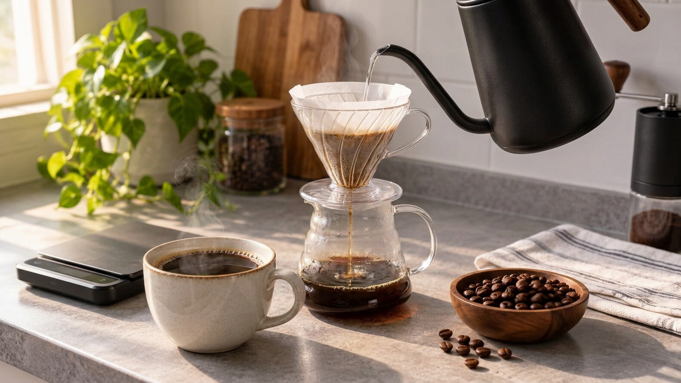 Método de café coado com chaleira, balança e leito uniforme para controlar pulsos