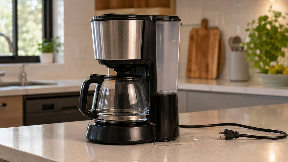 Cafeteira sobre bancada com água acumulada durante inspeção de possível vazamento