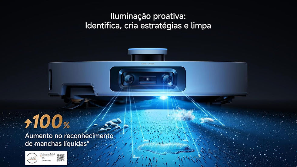 Robô aspirador identificando sujeira com luz azul em um piso escuro. Texto: "Iluminação proativa: Identifica, cria estratégias e limpa".