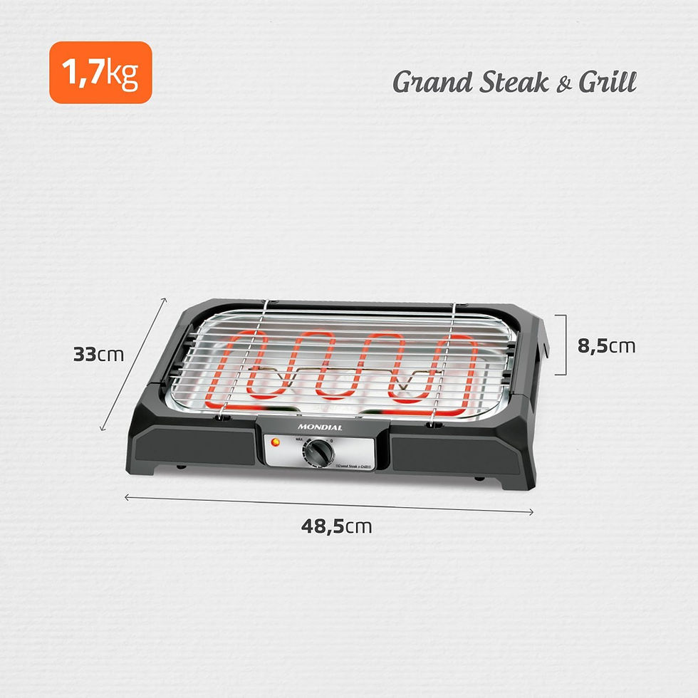 Churrasqueira elétrica Mondial, preta, grade e resistência vermelhas. Medidas: 33x48,5x8,5 cm. Texto: "1,7kg" e "Grand Steak & Grill".