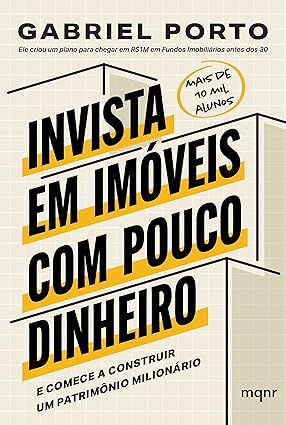 Cartaz de Gabriel Porto com fundo bege quadriculado e texto: Invista em imóveis com pouco dinheiro; selo Mais de 10 mil alunos.