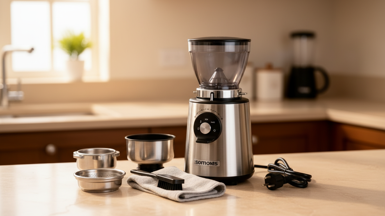 Moedor de café desligado com peças removíveis e escova para limpeza