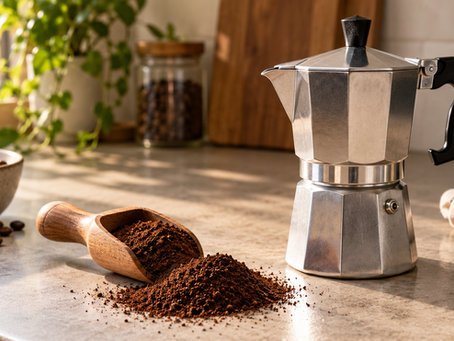 Cafeteira italiana ao lado de café moído em granulometria média-fina