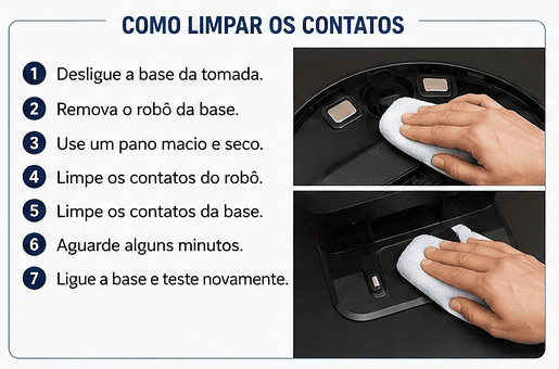 Infográfico em português com passos para limpar contatos do robô; mão limpa a base com pano branco, fundo preto e título em azul.