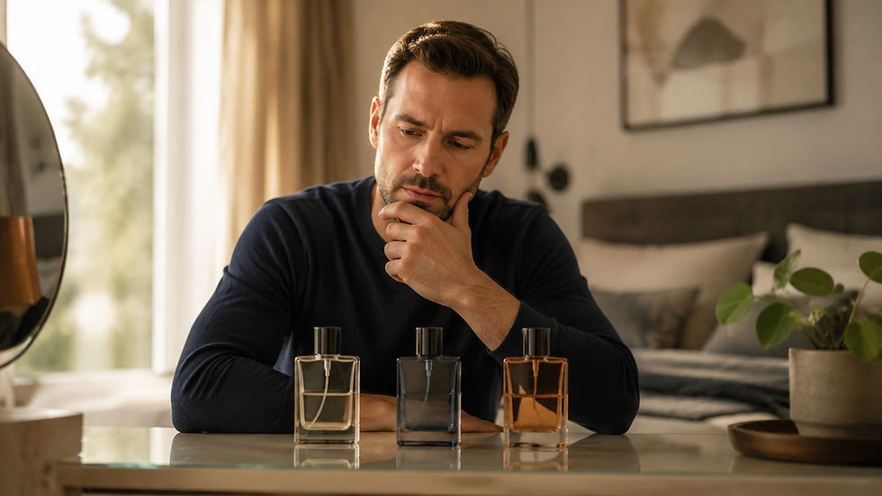 Homem adulto escolhendo entre frascos genéricos de perfume para diferentes ocasiões