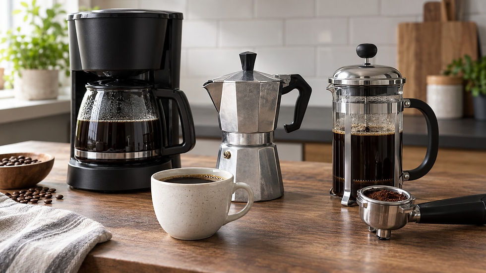 Cafeteira elétrica, moka, prensa francesa e porta-filtro de espresso com uma xícara