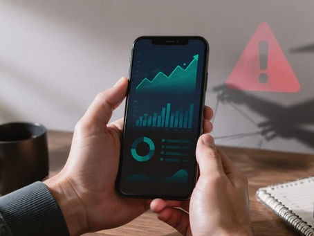 Pessoa analisa no celular um gráfico de investimento enquanto uma sombra revela o risco de fraude
