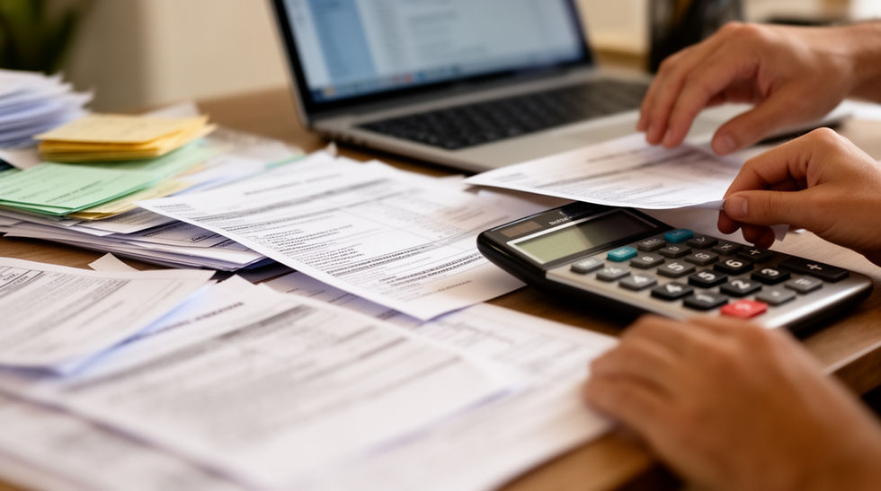 Pessoa organizando documentos de investimentos para o Imposto de Renda em uma mesa de trabalho