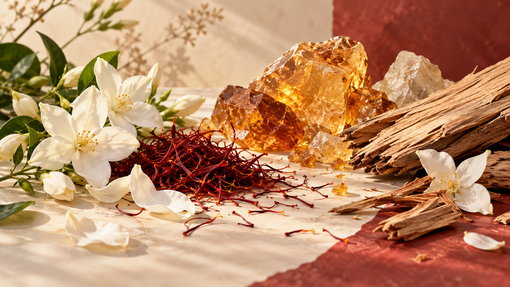 Jasmim, açafrão, cristal mineral e madeira clara em composição editorial