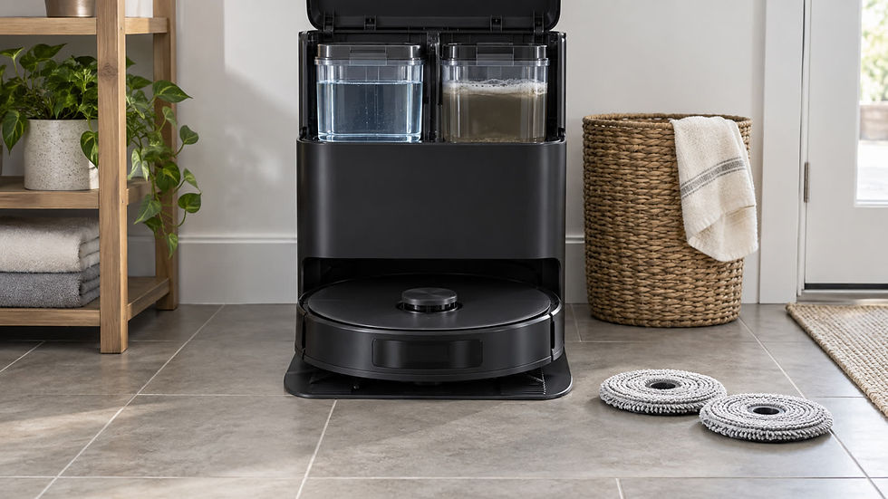 Black multifunction robot-vacuum dock with clean and dirty water tanks and two round mop pads