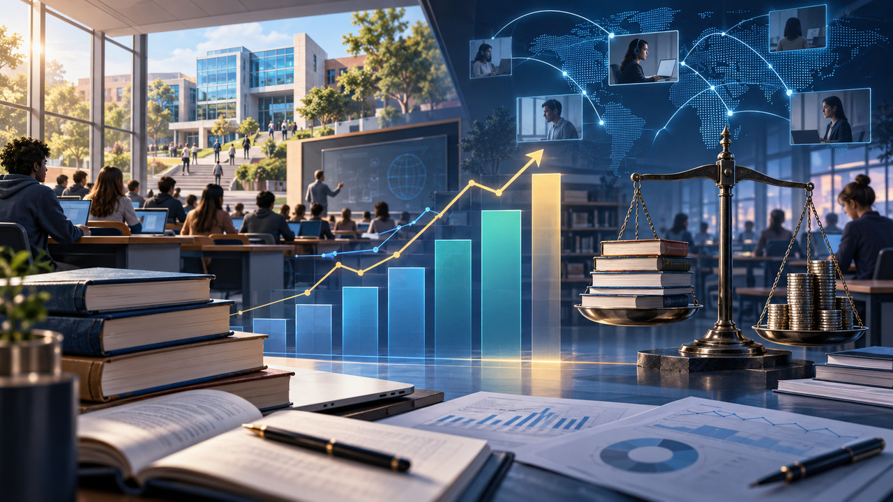 Campus universitário integrado a ensino digital, gráficos financeiros, livros e balança com moedas