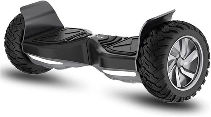 Hoverboard preto off-road com rodas grandes e pneus robustos, isolado em fundo branco.