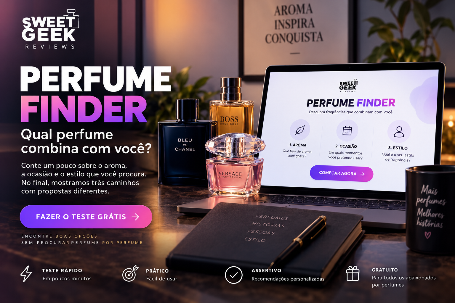 Perfume Finder do Sweet Geek Reviews, ferramenta gratuita para descobrir perfumes de acordo com aroma, ocasião e estilo