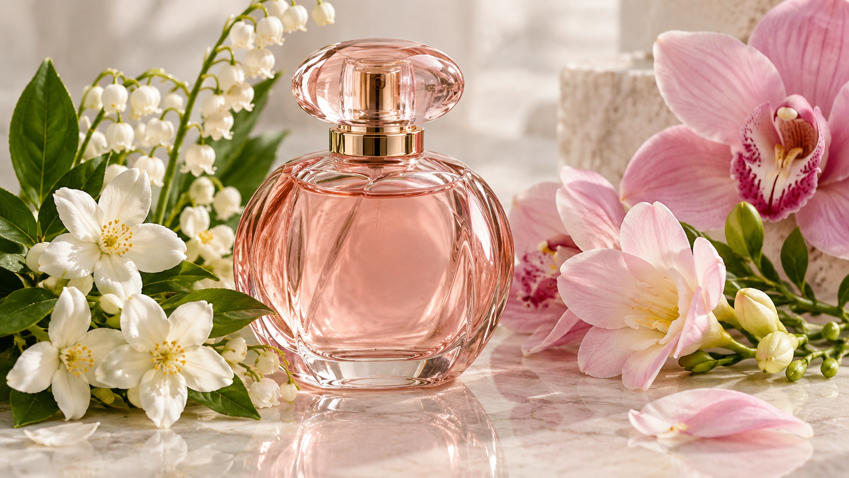Frasco sem marca entre flores brancas em composição editorial