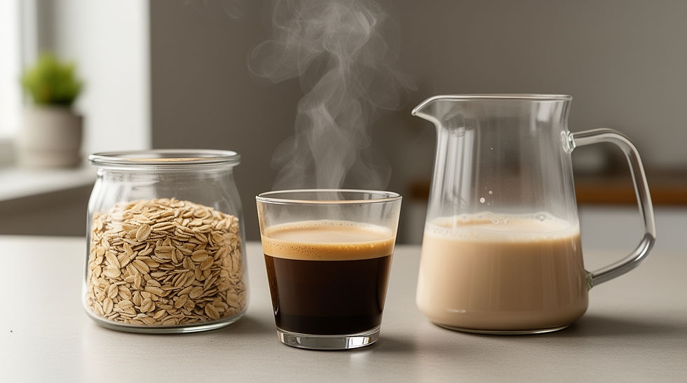 Bebidas vegetais de aveia, soja e amêndoas ao lado de café espresso.