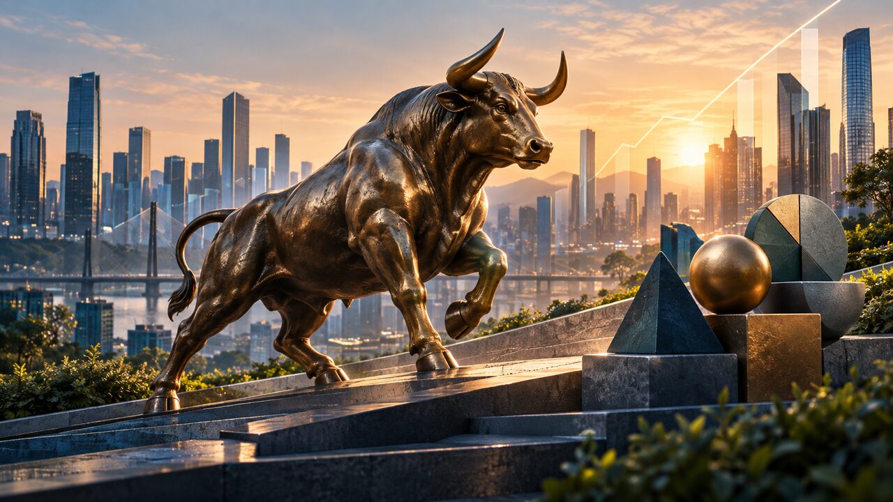 Touro de bronze avança diante de um gráfico de alta e símbolos de carteira diversificada