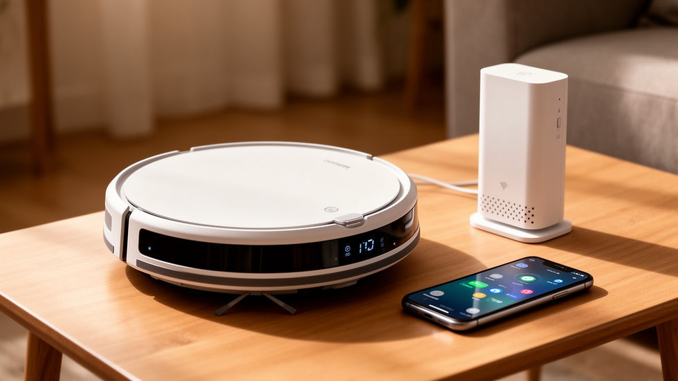 Robô aspirador conectado ao Wi-Fi e smartphone em ambiente doméstico