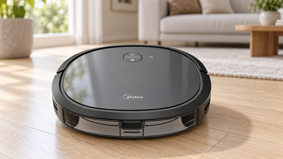 Midea SmartBrush 1200 preto em uma sala com piso de madeira