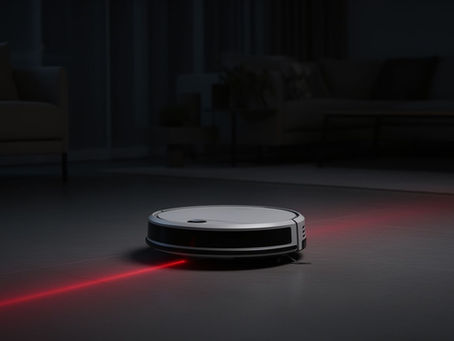 Robô aspirador genérico navegando em sala escura com feixe de mapeamento a laser