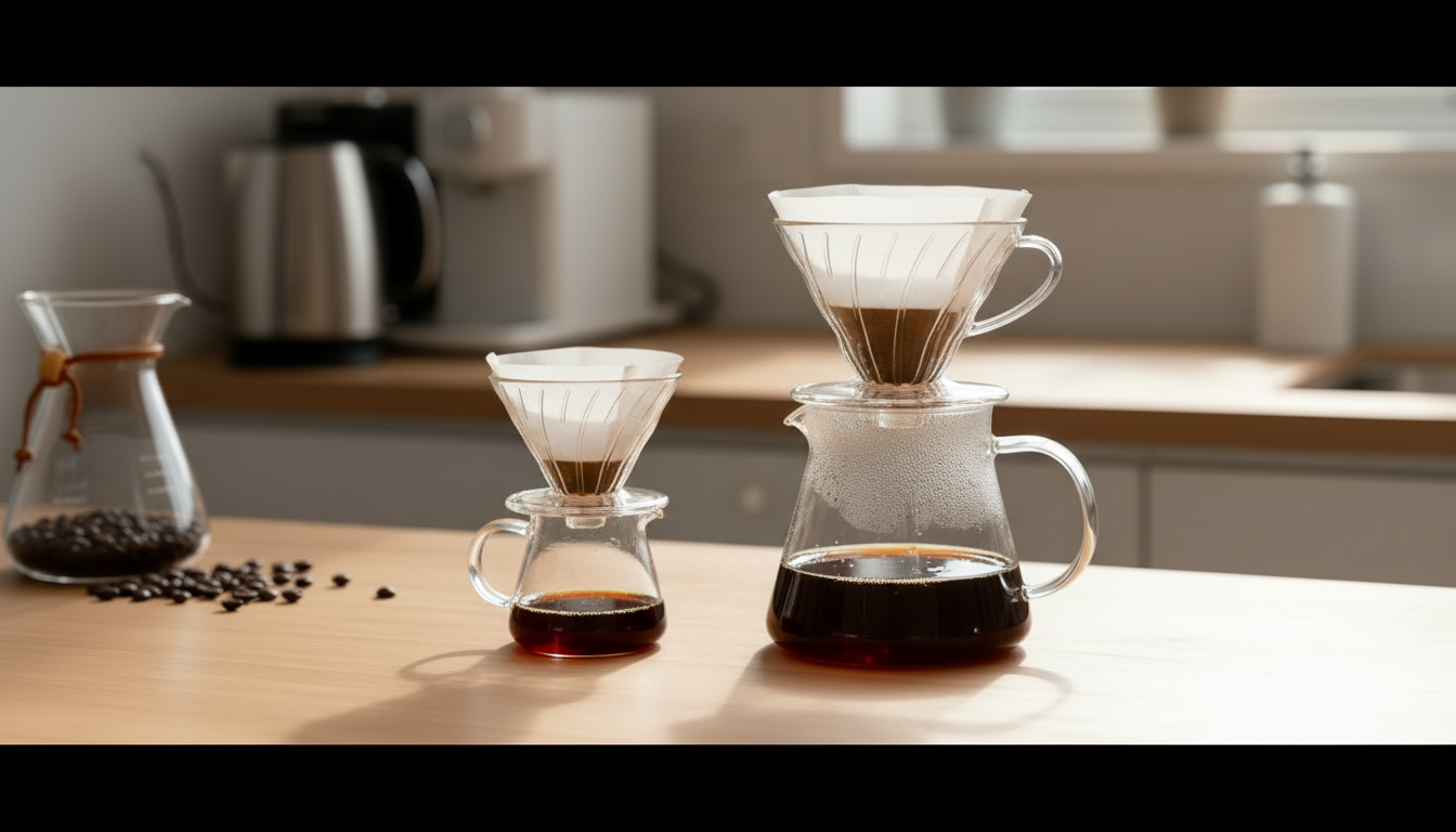 Filtros de papel de tamanhos diferentes em suportes para café coado