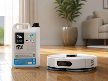 Produtos de limpeza ao lado de robô aspirador com mop