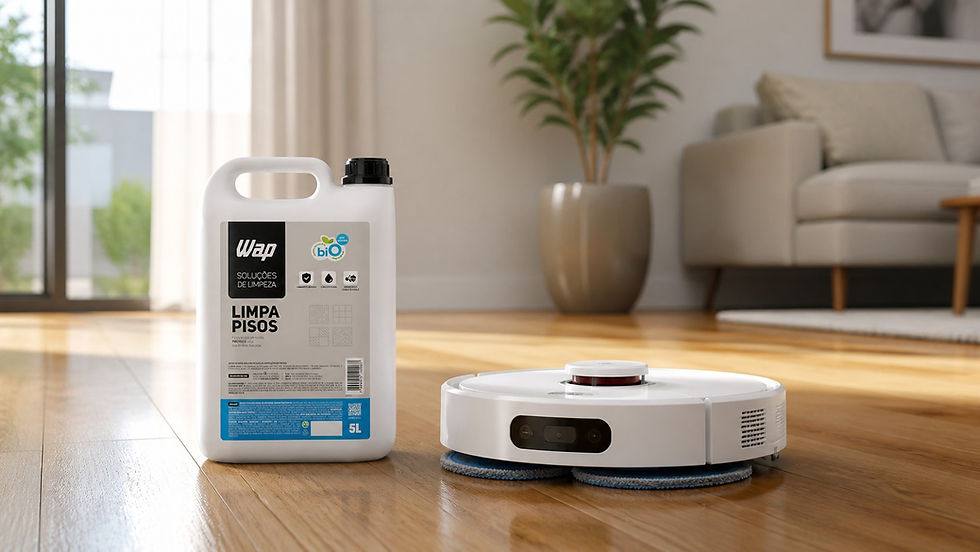 Robô aspirador com função mop ao lado de produto WAP Limpa Pisos em piso de madeira limpo, em ambiente doméstico moderno e bem iluminado