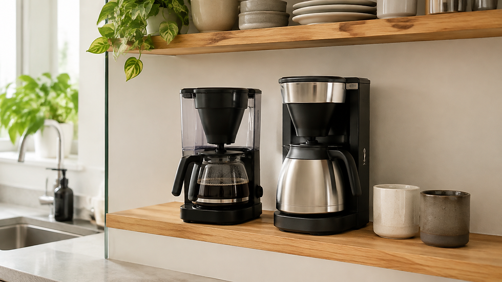 Cafeteira compacta com área livre para abastecimento e uso diário