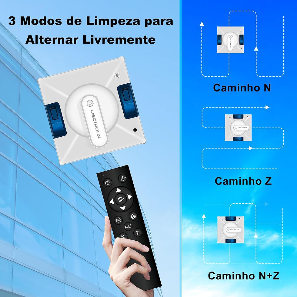 Robô Limpador de Janelas LILIN YW509, com controle por app no celular e controle remoto preto sobre fundo branco.