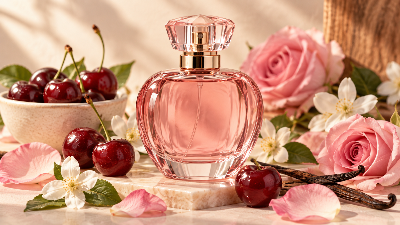 Composição editorial inspirada no perfil frutado e floral do Natura Humor Próprio 75 ml