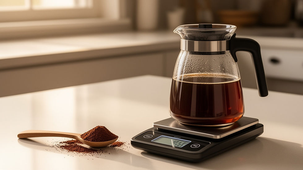 Colher nivelada com café moído, jarra de água e balança para calcular a proporção de preparo.
