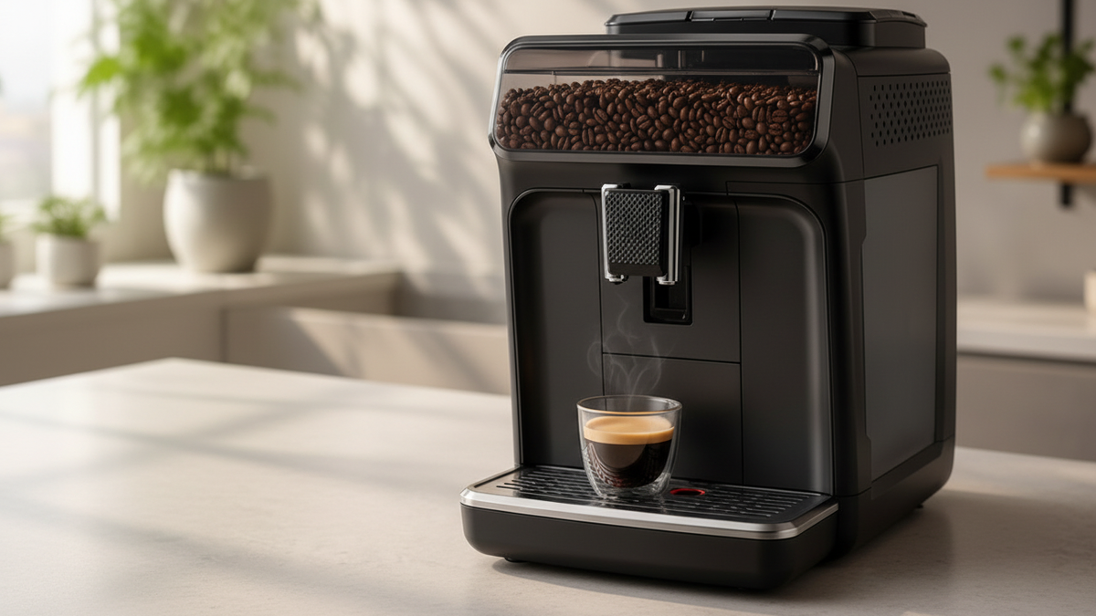 Cafeteira automática genérica com reservatório de grãos e painel simples de preparo