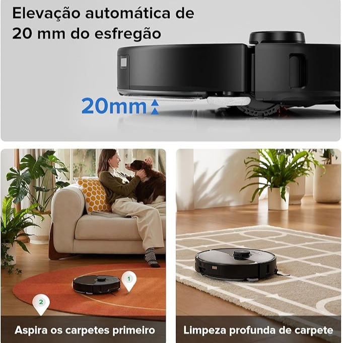 Robô aspirador preto em piso, eleva 20mm ao limpar carpete. Mulher e cachorro em sofá, plantas ao fundo. Texto: "Aspira os carpetes primeiro".
