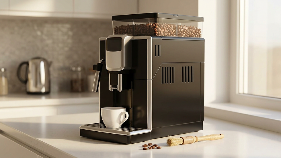 Cafeteira automática com reservatório de grãos e moedor integrado em bancada de cozinha