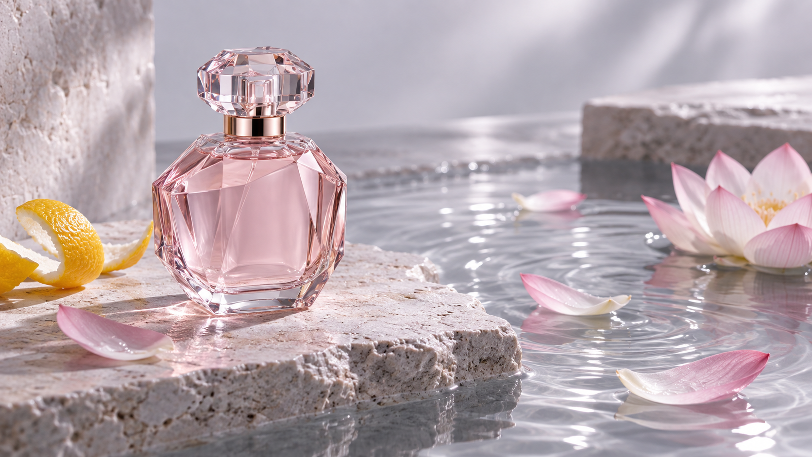 Composição editorial com yuzu e flor de lótus inspirada no Versace Bright Crystal