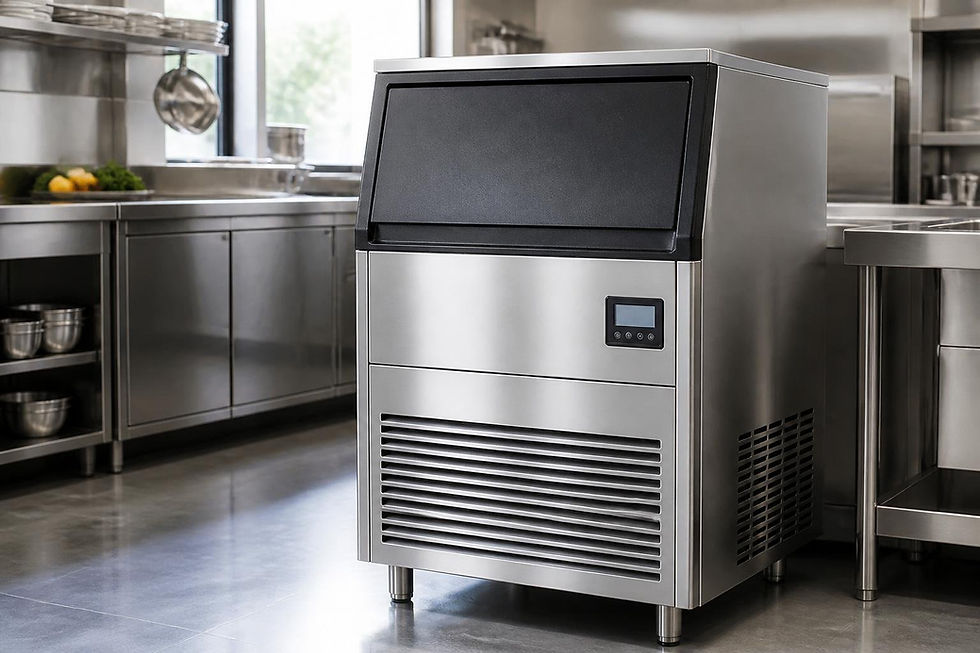 Máquina de Gelo Industrial Profissional Polar NI4000A em uma cozinha industrial moderna, piso reflexivo e utensílios ao fundo. Tela digital visível. Ambiente limpo.
