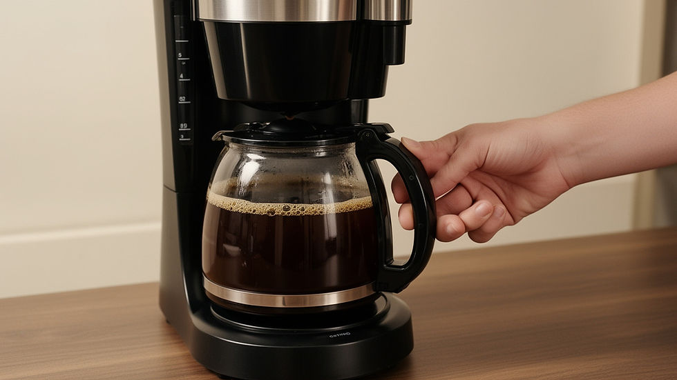 Cafeteira elétrica com jarra cheia apoiada sobre a placa aquecedora.