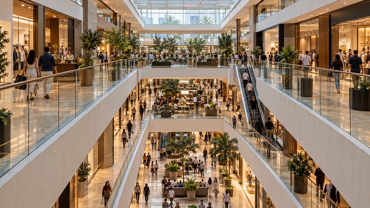 Interior contemporâneo de shopping center usado para explicar a análise das ações da ALLOS, ALOS3