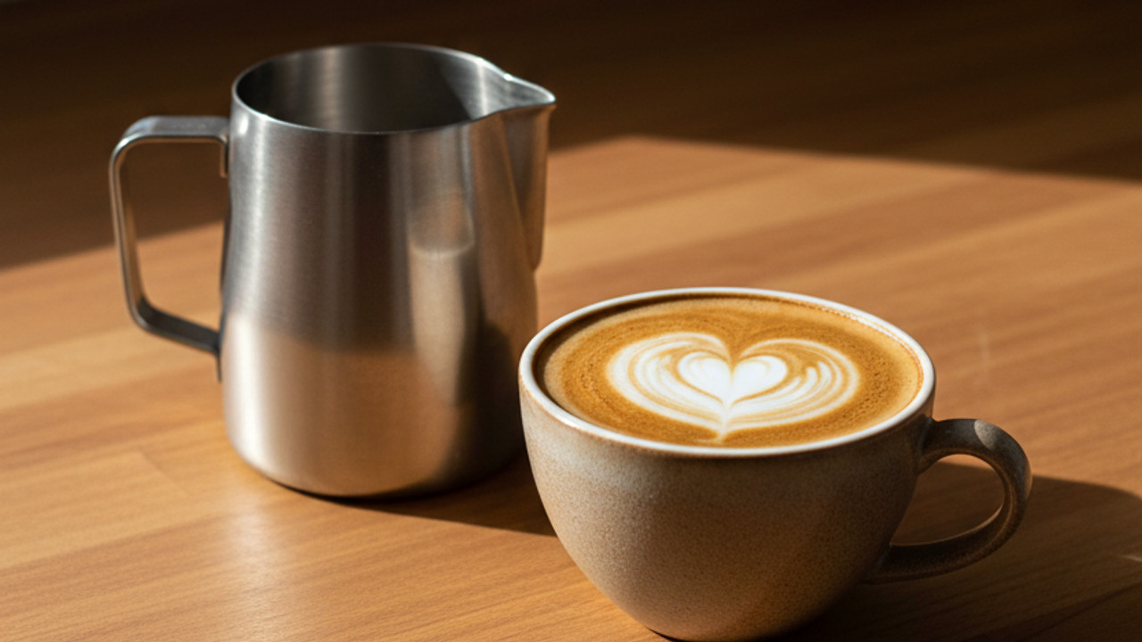 Leite espumado ao lado de uma xícara de cappuccino em bancada de cozinha.
