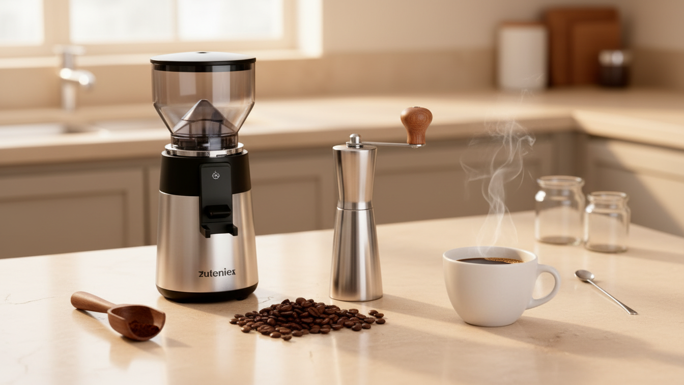 Moedor manual e moedor elétrico com grãos de café em bancada de cozinha