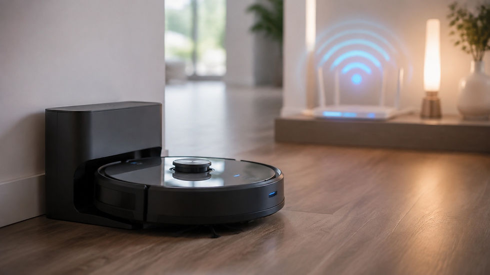 Robô aspirador carregando próximo a roteador com sinal Wi-Fi estável